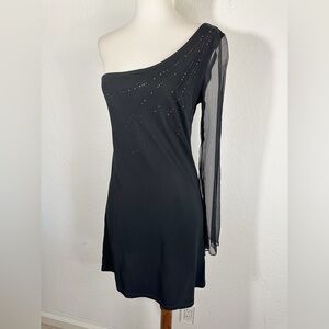 Bebe Black One Sheer Flare Shoulder Shift Mini Dress Size Small Y2K
